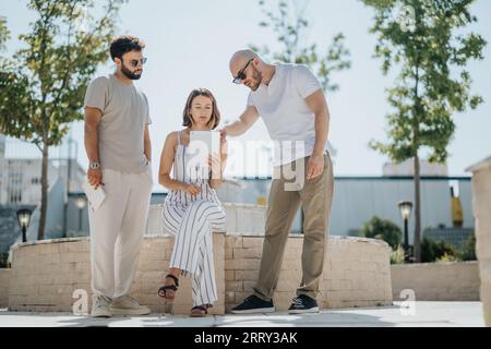 A team of architects and engineers discussing architectural design outdoors, examining blueprints on a tablet. Successful teamwork for a modern urban Stock Photo