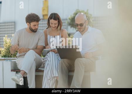 Successful Urban Architecture Team Collaborating on Building Design at Construction Site Stock Photo