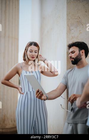 A group of business partners discussing work outdoors, focused on project development and investment strategies. Confident woman leading the small bus Stock Photo