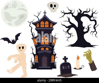 Set of cute cute cats and witch in flat style. Stock Vector