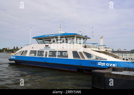 City ferry in Amsterdam over the IJ Water. These ferries runned bij GVB and are for pedestrians and cyclist. Access is free of charge Stock Photo