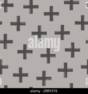 Bold brush drawn irregular pluses pattern. Seamless abstract geometric grunge background. Trendy modern contemporary design on grey. Stock Vector