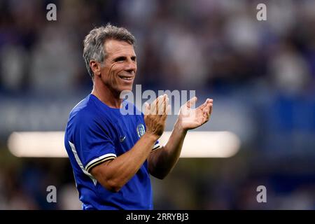 Chelsea’s Gianfranco Zola applauds the fans after the legends match at Stamford Bridge, London. The match is being played in memory of former Chelsea player and manager, Gianluca Vialli, who died January 6, 2023, aged 58 following a lengthy battle with pancreatic cancer. Picture date: Saturday September 9, 2023. Stock Photo