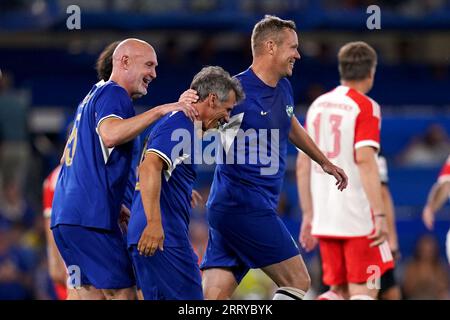 Chelsea’s Gianfranco Zola with Frank Leboeuf during the legends match at Stamford Bridge, London. The match is being played in memory of former Chelsea player and manager, Gianluca Vialli, who died January 6, 2023, aged 58 following a lengthy battle with pancreatic cancer. Picture date: Saturday September 9, 2023. Stock Photo