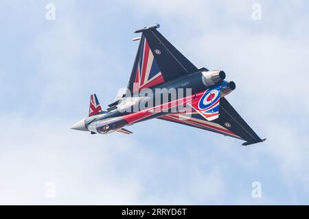 Royal Air Force Typhoon or Eurofighter nicknamed Blackjack seen performing at Southport, Merseyside in September 2023. Stock Photo