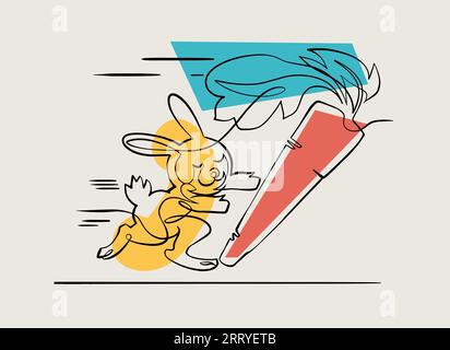 Yellow rabbit chasing a giant carrot, one line vector Stock Vector