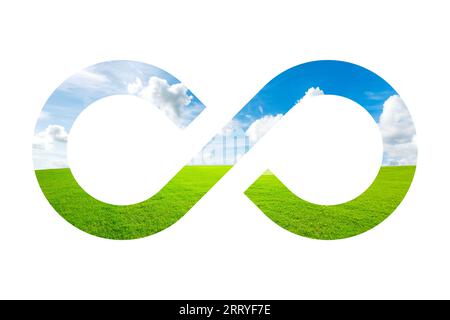 Green leaf,cloud,grass infinity symbol on white background, Environmental conservation and clean energy, 3d rendering. Stock Photo