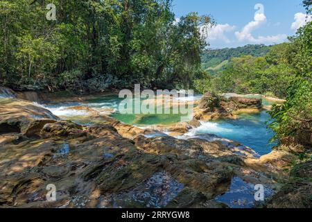 Agua Azul cascades with tropical rainforest and turquoise waters near Palenque, Chiapas, Mexico. Stock Photo