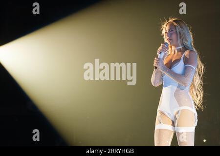 The singer Ana Mena performs during the Bellodrama Tour concert at the Wizcenter in Madrid September 9, 2023 Spain Stock Photo