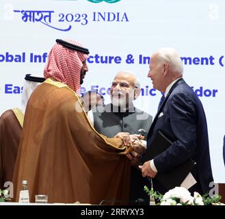 New Delhi, India. 09th Sep, 2023. India's Prime Minister Narendra Modi (2R), US President Joe Biden (R) and Saudi Arabia's Crown Prince and Prime Minister Mohammed bin Salman hold hands before the start of a session at the G20 summit in New Delhi, India, Saturday, September 9, 2023. Photo by India's PM Press Office/ Credit: UPI/Alamy Live News Stock Photo