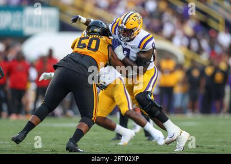 September 09, 2023: LSU defensive lineman Maason Smith (0) makes a move around Grambling St. offensive lineman Tahj Martin (50) during NCAA football game action between the Grambling State Tigers and the LSU Tigers at Tiger Stadium in Baton Rouge, LA. Jonathan Mailhes/CSM Stock Photo