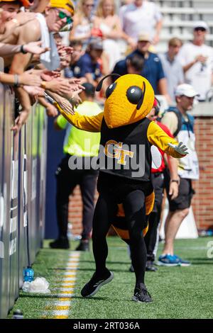 Atlanta, Georgia. 9th Sep, 2023. Georgia Tech mascot, Buzz, interacts with fans during the NCAA football game featuring the Georgia Tech Yellow Jackets and the South Carolina State Bulldogs, played at Bobby Dodd Stadium on the campus of Georgia Tech in Atlanta, Georgia. Cecil Copeland/CSM/Alamy Live News Stock Photo