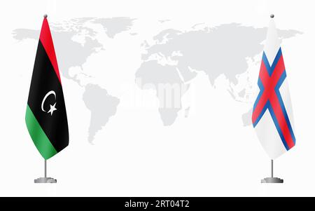 Libya and Faroe Islands flags for official meeting against background of world map. Stock Vector