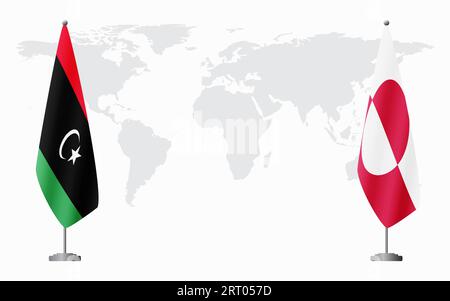 Libya and Greenland flags for official meeting against background of world map. Stock Vector