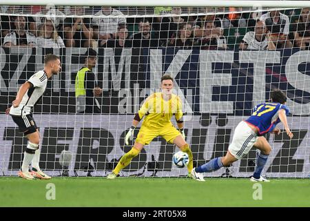 Frankfurt, Germany. 9th Sep, 2023. Tanaka Ao (R) of Japan shoots to score during a friendly match between Germany and Japan in Wolfsburg, Germany, Sept. 9, 2023. Credit: Ulrich Hufnagel/Xinhua/Alamy Live News Stock Photo