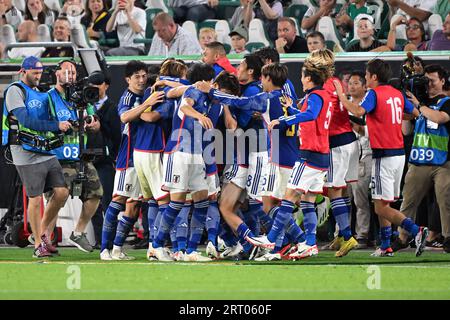 Frankfurt, Germany. 9th Sep, 2023. Players of Japan celebrate victory after winning a friendly match between Germany and Japan in Wolfsburg, Germany, Sept. 9, 2023. Credit: Ulrich Hufnagel/Xinhua/Alamy Live News Stock Photo