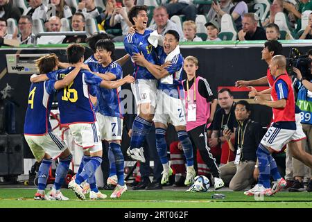 Frankfurt, Germany. 9th Sep, 2023. Tanaka Ao (top) of Japan celebrates after scoring during a friendly match between Germany and Japan in Wolfsburg, Germany, Sept. 9, 2023. Credit: Ulrich Hufnagel/Xinhua/Alamy Live News Stock Photo