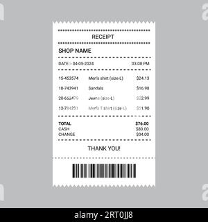 Receipt paper shopping bill barcode payment check received Stock Vector