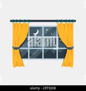 Window curtains night out moon stars home sleep rest theme background Stock Vector