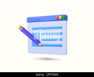 3d document window with pencil icon, isolated on white background. Software UI, dashboard symbol, data file, contract signing, blogging concept. 3d vector illustration. Vector illustration Stock Vector