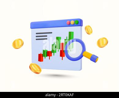 3d stock or crypto investment or trading analysis banner. Growing candlestick chart window with magnifying glass, coins, icon isolated on background. 3d vector illustration. Vector illustration Stock Vector