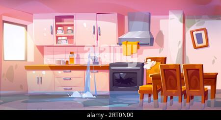 Broken flood kitchen room cartoon vector interior. Pipe leak in abandoned messy flat with sink, dining table, cooker and cupboard. Disaster in rustic Stock Vector
