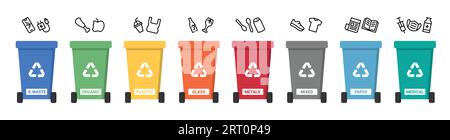 Dustbin garbage waste separation recycle of electronic waste, organic, plastic, glass, metals, mixed, paper and medical icons Stock Vector