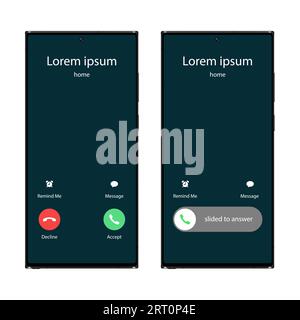 Phone incoming call user interface ui. Slide to answer, accept, decline, message and reminder. Touch screen interaction. Stock Vector