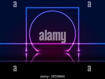 Blue ultraviolet neon laser lines concept illustration. Reflected square and circle geometric technology sci-fi background. Glowing illumination futur Stock Vector