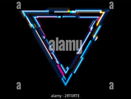 Abstract colorful glowing neon triangles tech background. Laser glitch effect retro graphic design. Vector futuristic illustration Stock Vector
