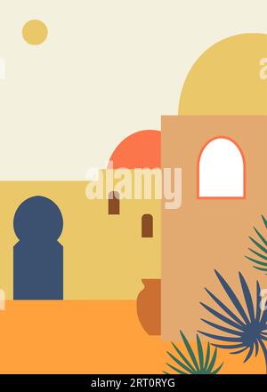 Houses and buildings exteriors of Arabic country city, street of Moroccan town or village. Traditional elements of homes, arches and windows, domes an Stock Vector