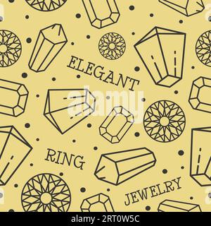 Jewelry ring, elegant gemstones and precious stones, jewels for bijouterie and decoration. Monochrome design of brilliants. Seamless pattern print or Stock Vector