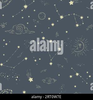 Constellations and starry sky with shapes and lines. Vintage sun and moon, clouds and shining or glowing stars. Seamless pattern print or background w Stock Vector