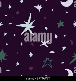 Starry sky with glowing stars and crescent moon, seamless pattern design, wallpaper or background. Elegant decoration or adornment, celestial bodies s Stock Vector