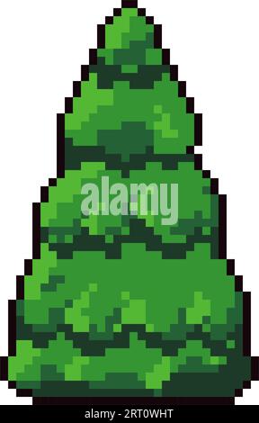 Pine tree with evergreen foliage, play setting or scene of forest or woods. Branches and twigs of plant, wild flora. Pixelated isolated icon for 8 bit Stock Vector