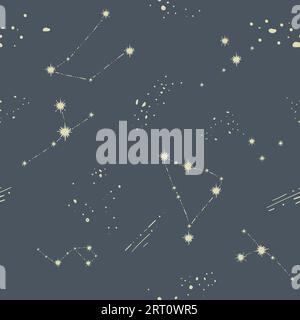 Night starry sky with constellations, glowing light of stars connected with lines. Astronomy and observing shining forms. Seamless pattern print or ba Stock Vector