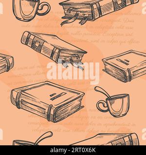 Vintage books and publications with bookmarks and hardcovers. Cup of coffee or tea, a beverage to accompany reading hobby. Seamless pattern print or b Stock Vector