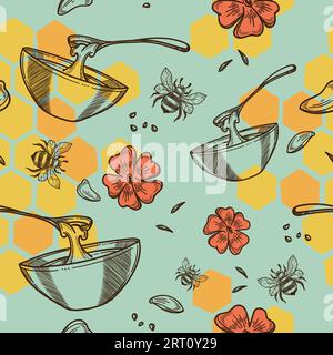 Natural and organic honey product made on farm. Farming and beekeeping, tasty sweet liquid from bees and pollen flowers. Background or wallpaper print Stock Vector