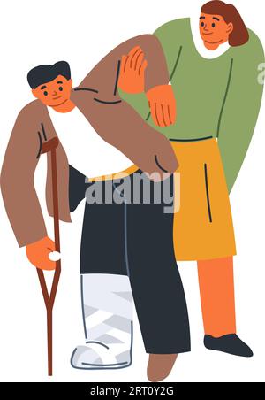 Woman personage helping disabled man walking on crutches to move. Isolated nurse or relative, stranger or passer by assisting person with disability. Stock Vector