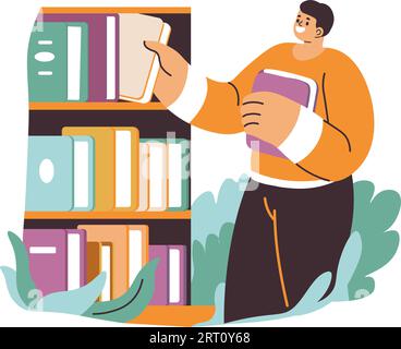 Reader choosing books or publications from bookstore or library. Student with textbooks or literature for pastime and leisure activities. Isolated per Stock Vector