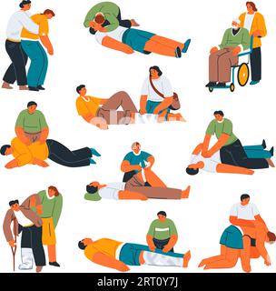 Emergency situations with medical assistance. Saving people in risk, people caring for patients on wheelchair or disabled personages. Choking person, Stock Vector