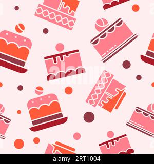 Birthday or holiday cake with frosting and topping. Tasty dessert for celebration or special occasion. Bakery shop products and meal. Seamless pattern Stock Vector