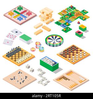 Playing classic board games, isolated backgammon, chess and checkers, domino and darts, jenga and casino. Go and monopoly, cards and chips. Entertainm Stock Vector