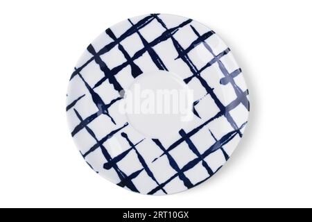 Blue checked tea saucer isolated on white. View from above Stock Photo