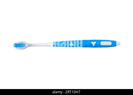 Plastic toothbrush close-up isolated on a white background. View from above Stock Photo