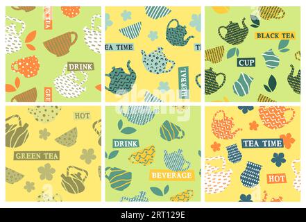 Decorative pattern set with tea cup and kettle Stock Vector