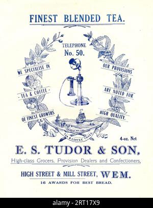 Wrapper for 4 oz. Net advertising E S Tudor & Son High Class Grocers, Provision Dealers and Confectioners, High Street, Wem, [Shropshire] circa 1905 Stock Photo