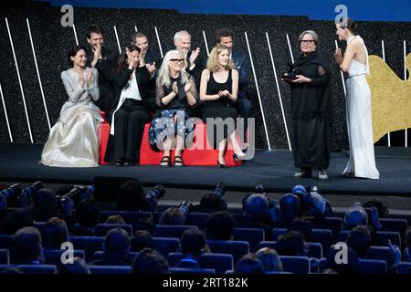 Venice, Italy. 09th Sep, 2023. VENICE, ITALY - SEPTEMBER 09: President of the international juries Damien Chazelle, President of the Venice Biennale Roberto Cicutto, Shu Qi, Laura Poitras, Jane Campion, Gabriele Mainetti, Mia Hansen-L?ve and Saleh Bakri on stage during the Awards ceremony at the 80th Venice International Film Festival on September 09, 2023 in Venice, Italy (Photo by Luca Carlino/NurPhoto)0 Credit: NurPhoto SRL/Alamy Live News Stock Photo