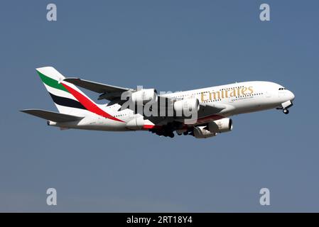 An Airbus A380 of Emirates departs London Gatwick Airport Stock Photo