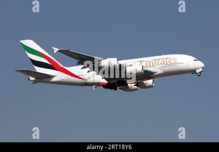 An Airbus A380 of Emirates departs London Gatwick Airport Stock Photo